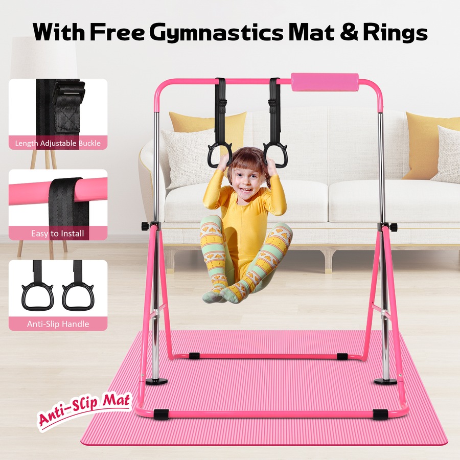 Advwin Gymnastics Bar for Kids with Mat/Rings/Swing, Foldable Horizontal Bars with 5 Adjustable Height Pink