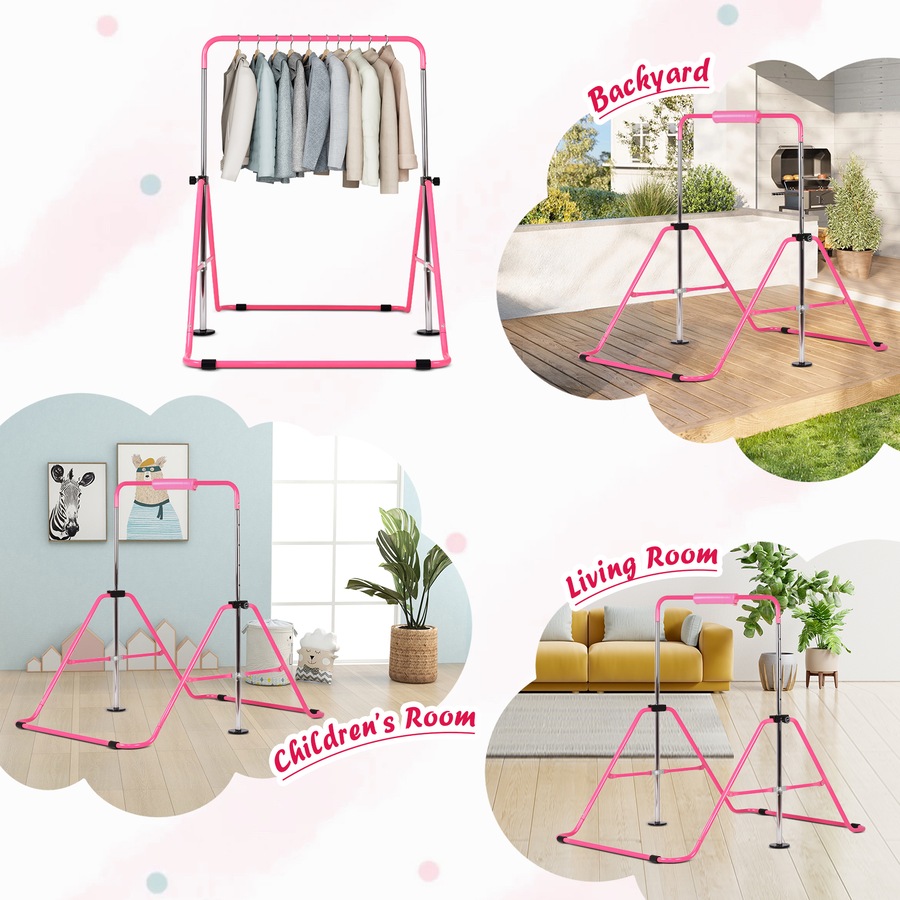 Advwin Gymnastics Bar for Kids with Mat/Rings/Swing, Foldable Horizontal Bars with 5 Adjustable Height Pink