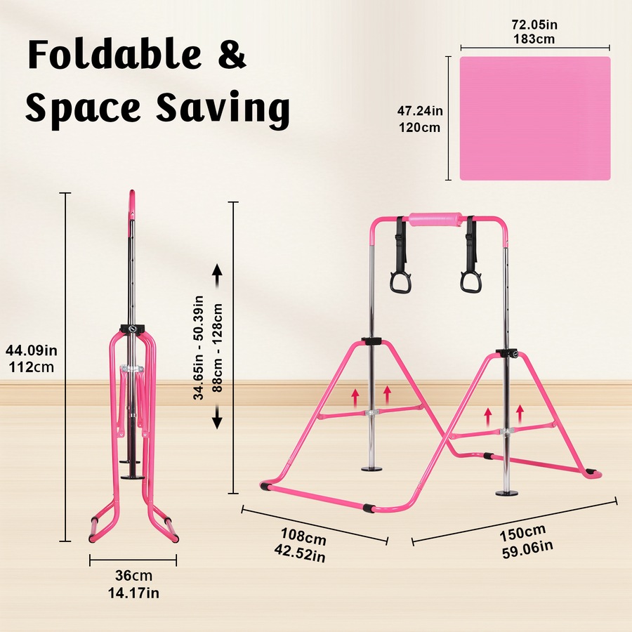 Advwin Gymnastics Bar for Kids with Mat/Rings/Swing, Foldable Horizontal Bars with 5 Adjustable Height Pink