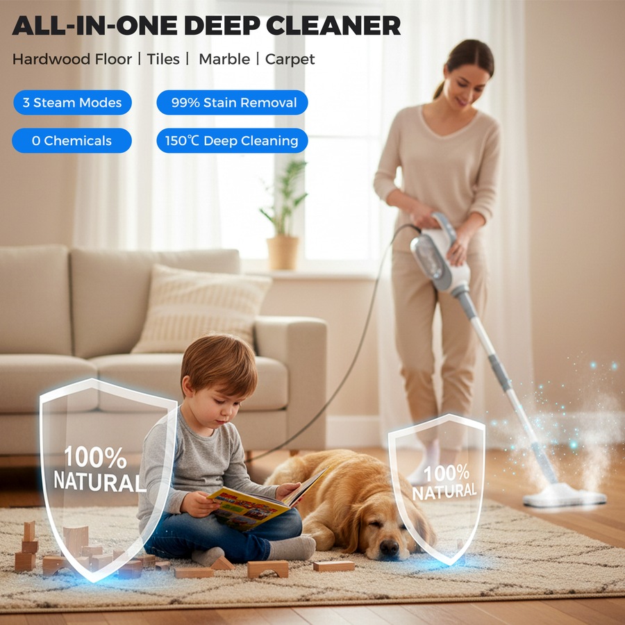 Advwin 12-in-1 Steam Mop, 1500W Steam Cleaner with Detachable Handheld Steamer, 3-Steam Mode, 500ML Large Tank, Swivel Head, for Multi-Surface/BBQ Grill/Window/Grout/Tile