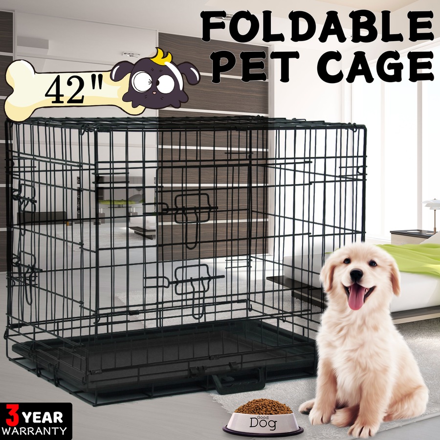 42" Dog Cage Pet Crate Puppy Cat Foldable Metal Kennel Portable 2 Doors