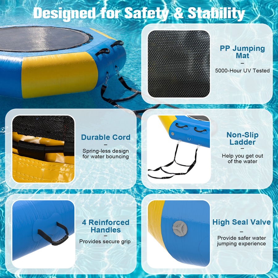 Advwin Inflatable Water Trampoline 210cm with Electric Pump, Adults Youth Recreational Water Bouncer Swim Platform with Rope Ladder for Lake, Pool, Calm Sea, 100kg Capacity