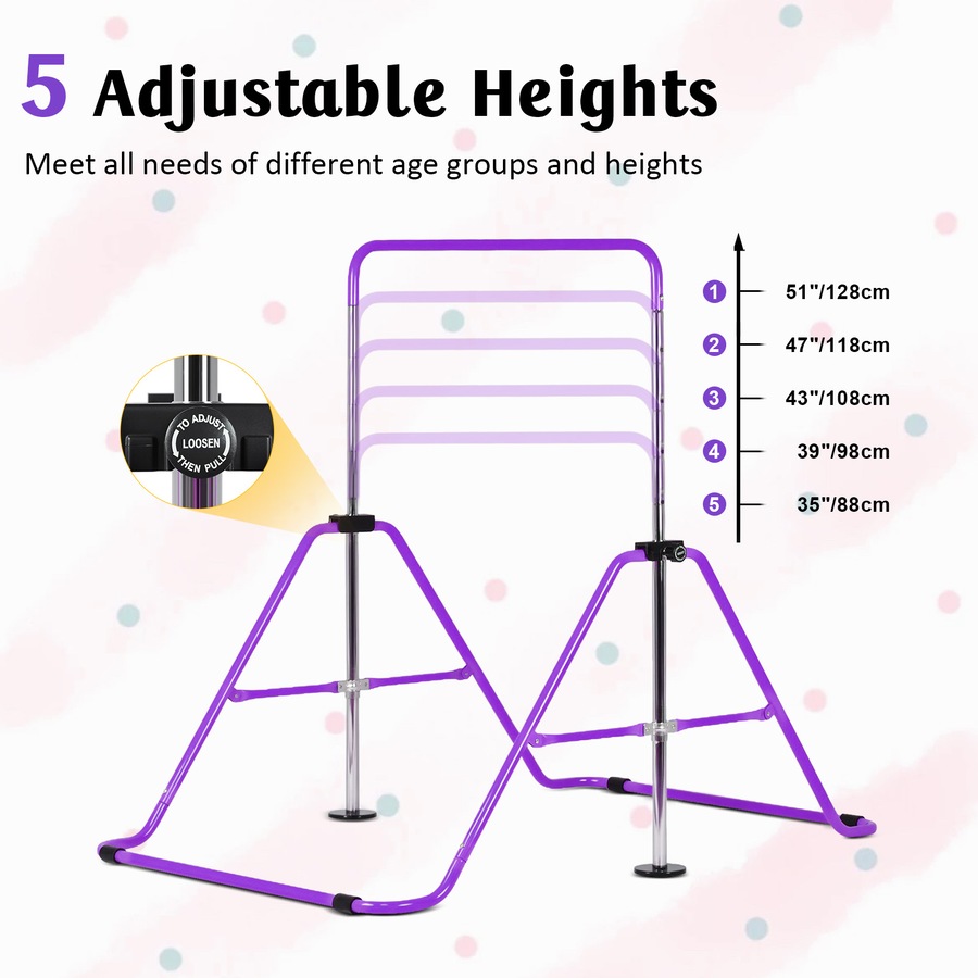 Advwin Kids Gymnastics Bar, Foldable Horizontal Bars, Adjustable Monkey Kip Bar for Girl & Boy Home Training, Purple