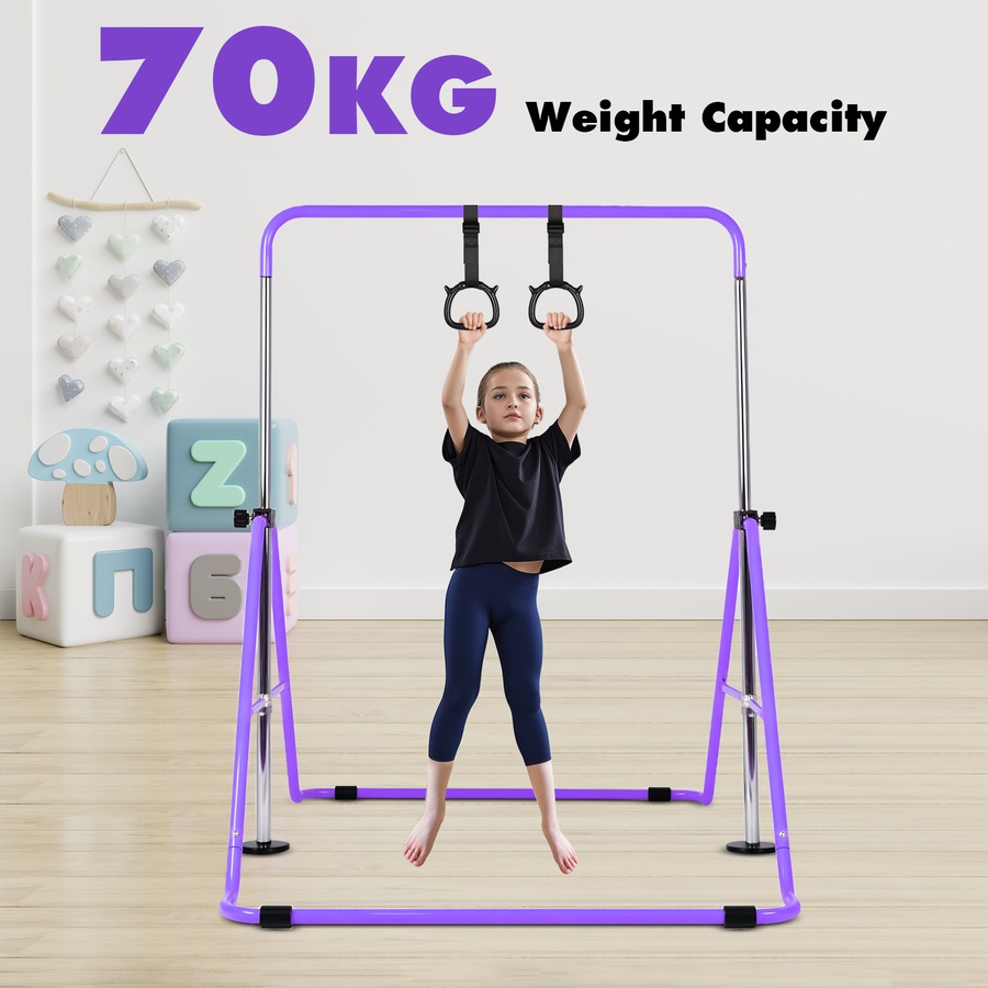 Advwin Kids Gymnastics Bar, Foldable Horizontal Bars, Adjustable Monkey Kip Bar for Girl & Boy Home Training, Purple