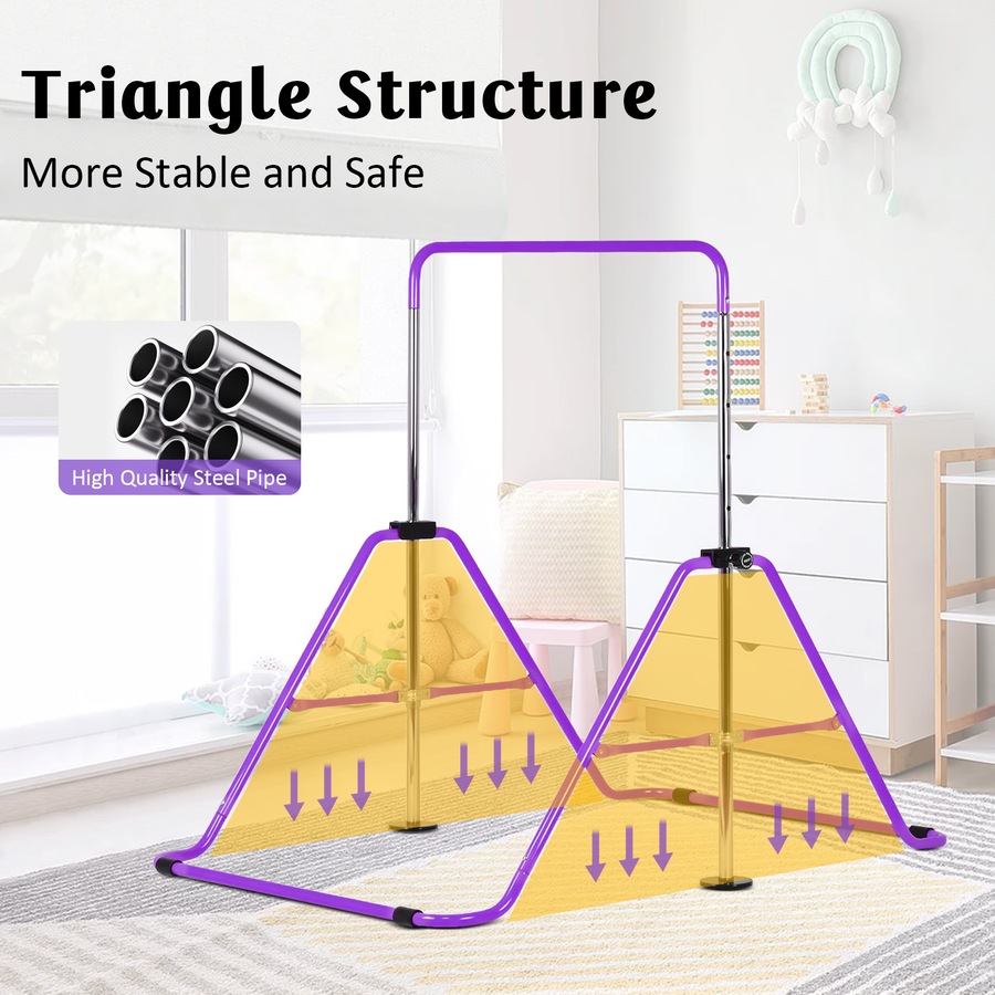 Advwin Kids Gymnastics Bar, Foldable Horizontal Bars, Adjustable Monkey Kip Bar for Girl & Boy Home Training, Purple