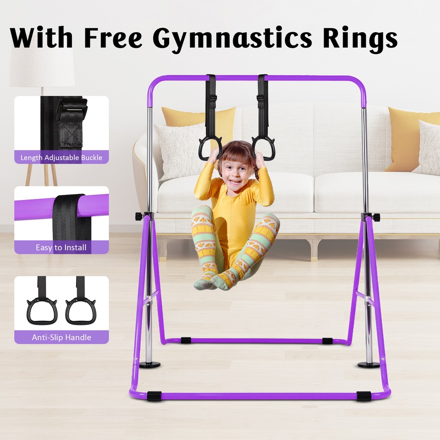 Advwin Kids Gymnastics Bar, Foldable Horizontal Bars, Adjustable Monkey Kip Bar for Girl & Boy Home Training, Purple