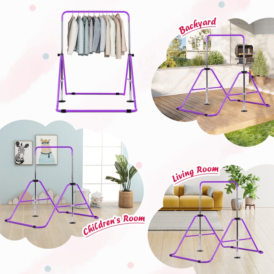 Advwin Kids Gymnastics Bar, Foldable Horizontal Bars, Adjustable Monkey Kip Bar for Girl & Boy Home Training, Purple