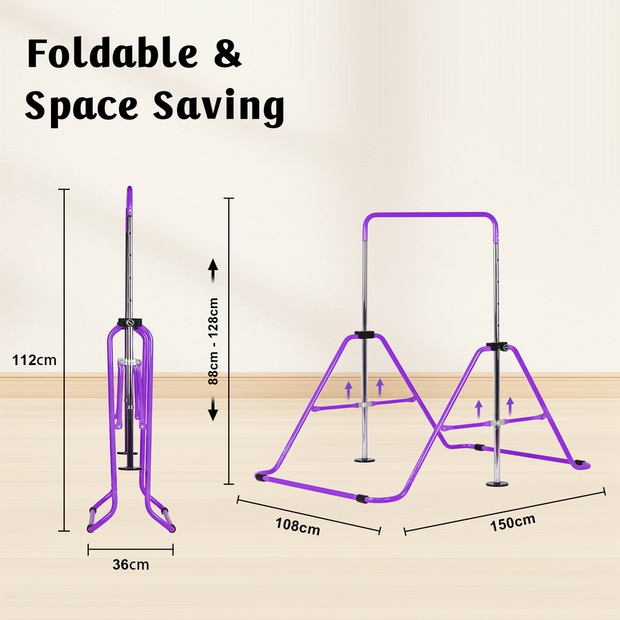 Advwin Kids Gymnastics Bar, Foldable Horizontal Bars, Adjustable Monkey Kip Bar for Girl & Boy Home Training, Purple
