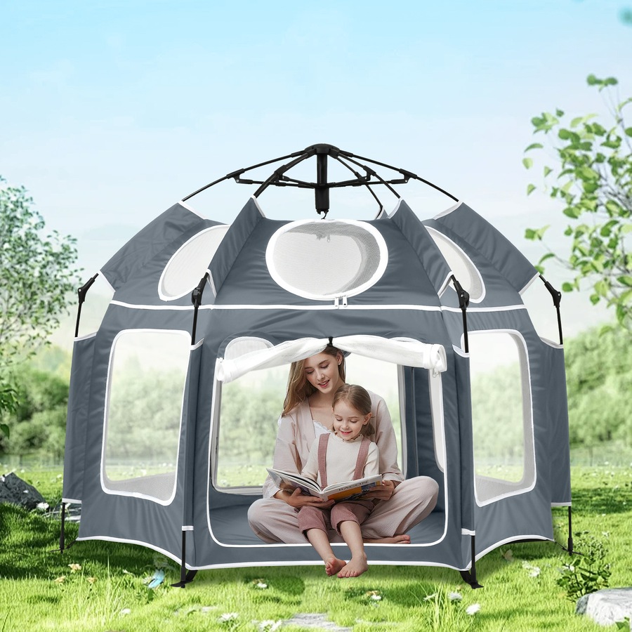 Advwin Kids Pop Up Tent Baby Playpen Portable Kids Beach Tent with Canopy & Travel Bag Outdoor Toddler Play Yard Play Tent Grey