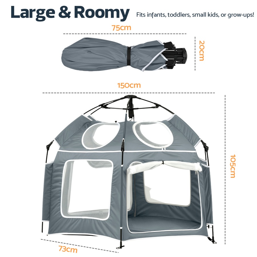 Advwin Kids Pop Up Tent Baby Playpen Portable Kids Beach Tent with Canopy & Travel Bag Outdoor Toddler Play Yard Play Tent Grey