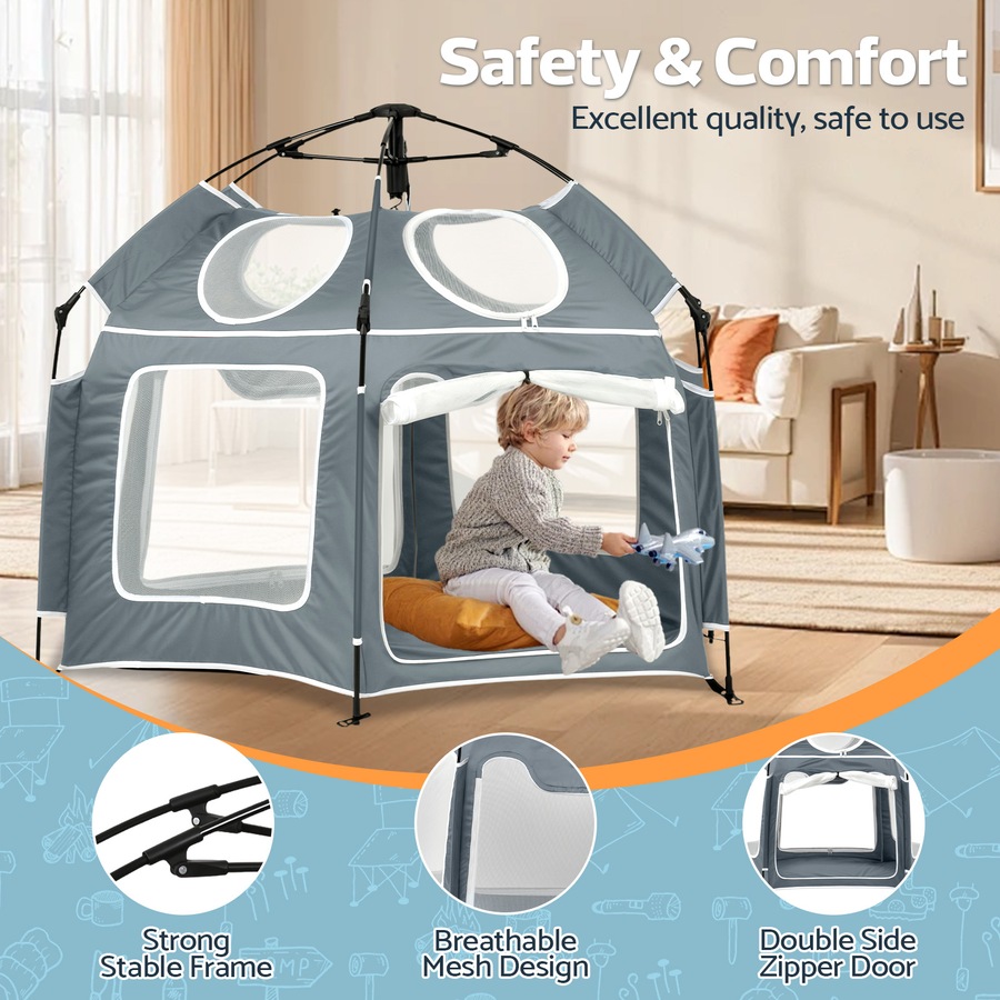 Advwin Kids Pop Up Tent Baby Playpen Portable Kids Beach Tent with Canopy & Travel Bag Outdoor Toddler Play Yard Play Tent Grey