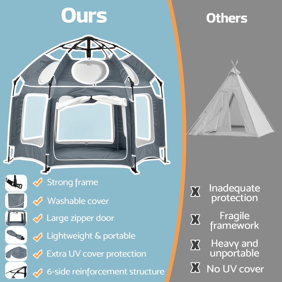 Advwin Kids Pop Up Tent Baby Playpen Portable Kids Beach Tent with Canopy & Travel Bag Outdoor Toddler Play Yard Play Tent Grey