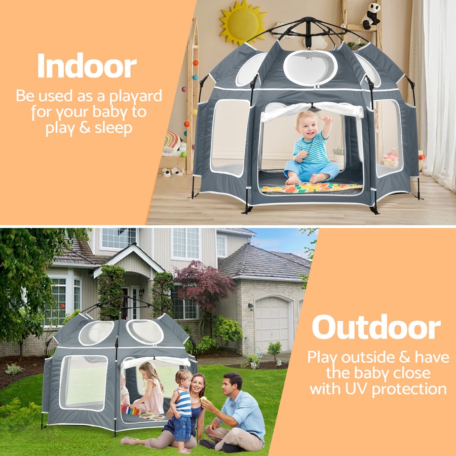 Advwin Kids Pop Up Tent Baby Playpen Portable Kids Beach Tent with Canopy & Travel Bag Outdoor Toddler Play Yard Play Tent Grey