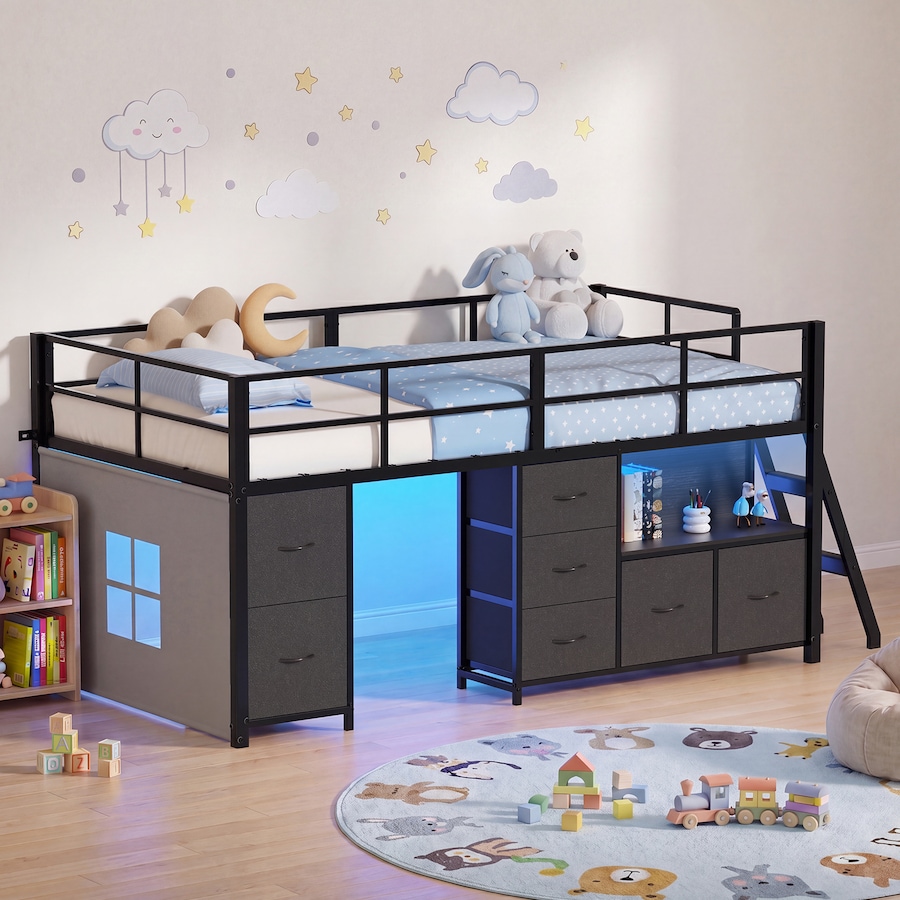 Advwin King Single Low Loft Bed with 7 Drawers and Bookcase Heavy Duty Metal Kids Loft Bed with LED Lights Ladder Black