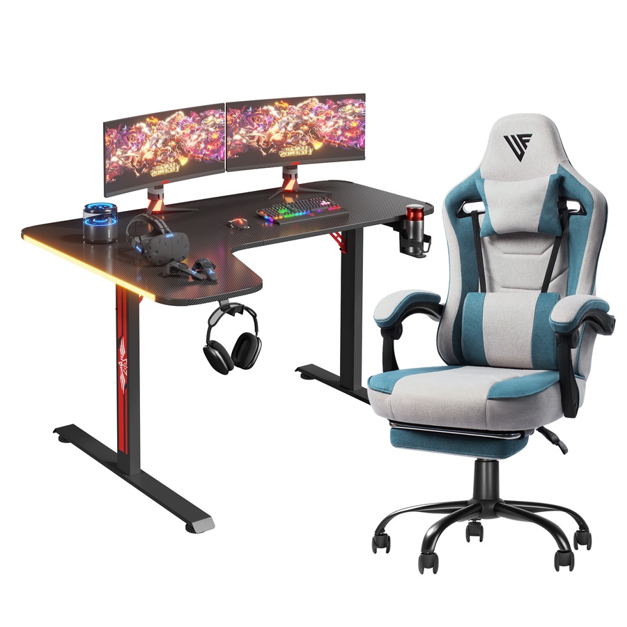 Advwin L Shape 140cm Gaming Desk RGB LED Light & Gaming Chair Racing Seat w/Footrest Office Chair Green & Grey