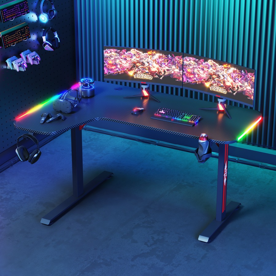 Advwin L Shape 140cm Gaming Desk RGB LED Light & Gaming Chair Racing Seat w/Footrest Office Chair Green & Grey