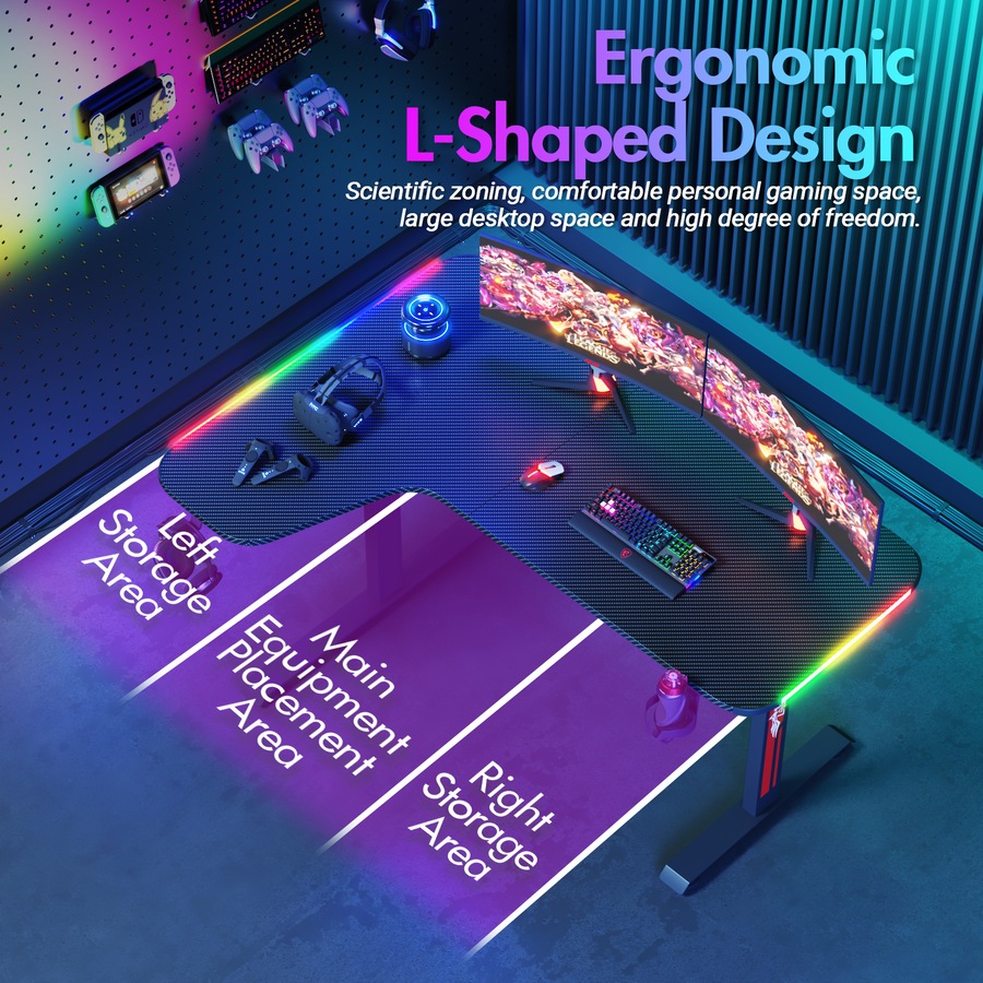 Advwin L Shape 140cm Gaming Desk RGB LED Light & Gaming Chair Racing Seat w/Footrest Office Chair Green & Grey