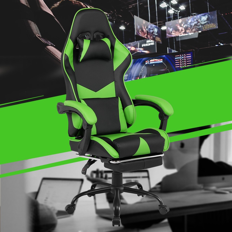 Advwin L shape Gaming Desk RGB LED Light & Gaming Chair Racing Recliner Executive Seat Office Chair Black & Green
