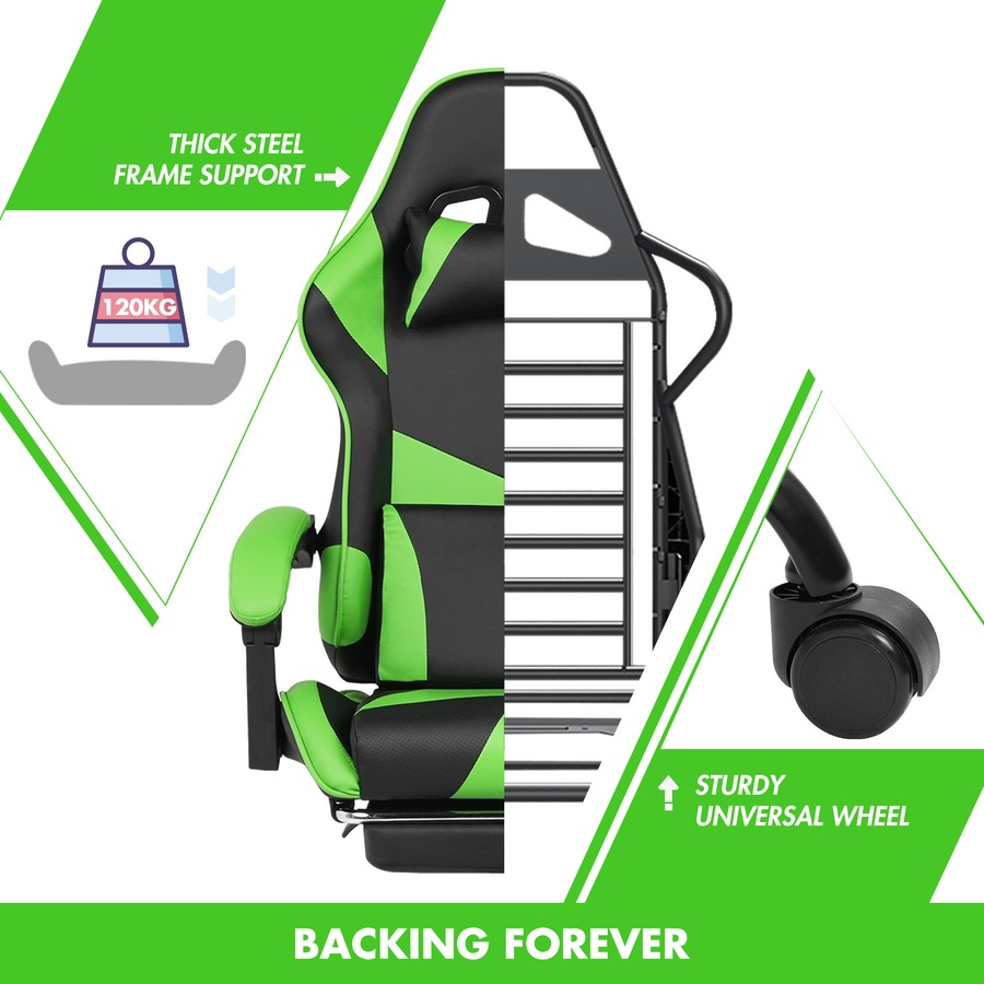 Advwin L shape Gaming Desk RGB LED Light & Gaming Chair Racing Recliner Executive Seat Office Chair Black & Green