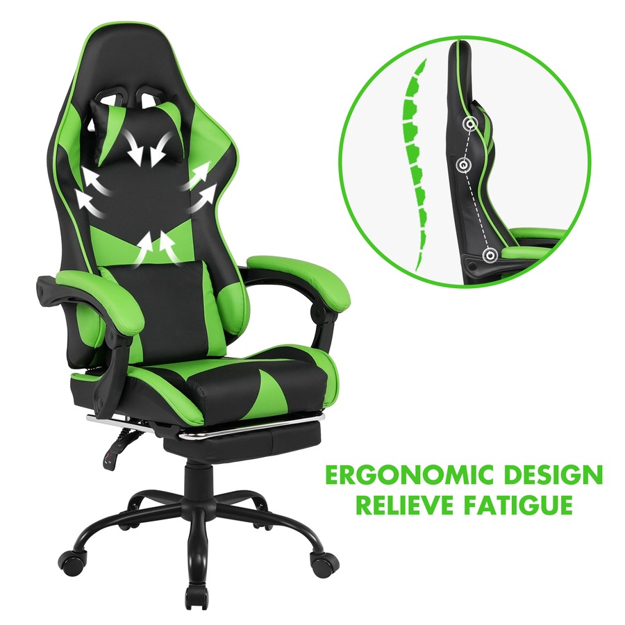 Advwin L shape Gaming Desk RGB LED Light & Gaming Chair Racing Recliner Executive Seat Office Chair Black & Green
