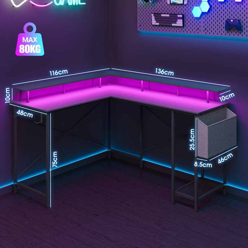 Buy Advwin L Shaped Gaming Desk with LED Lights & Power Outlets