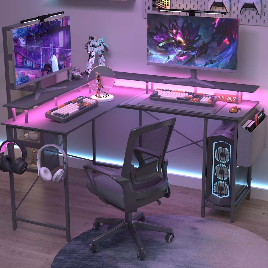 Advwin L Shaped Gaming Desk with LED Lights & Power Outlets Computer Desk with Monitor Stand Corner Desk with Hooks Black