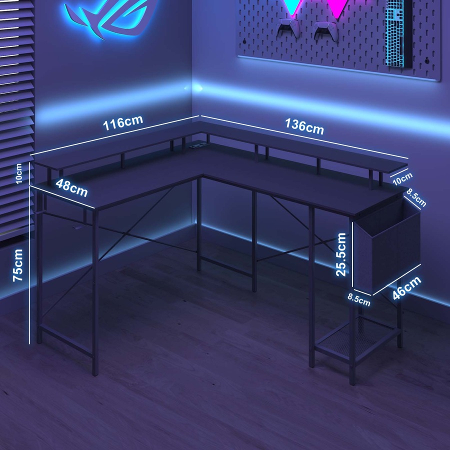 Advwin L Shaped Gaming Desk with LED Lights & Power Outlets Computer Desk with Monitor Stand Corner Desk with Hooks Black