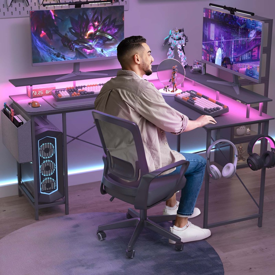 Advwin L Shaped Gaming Desk with LED Lights & Power Outlets Computer Desk with Monitor Stand Corner Desk with Hooks Black