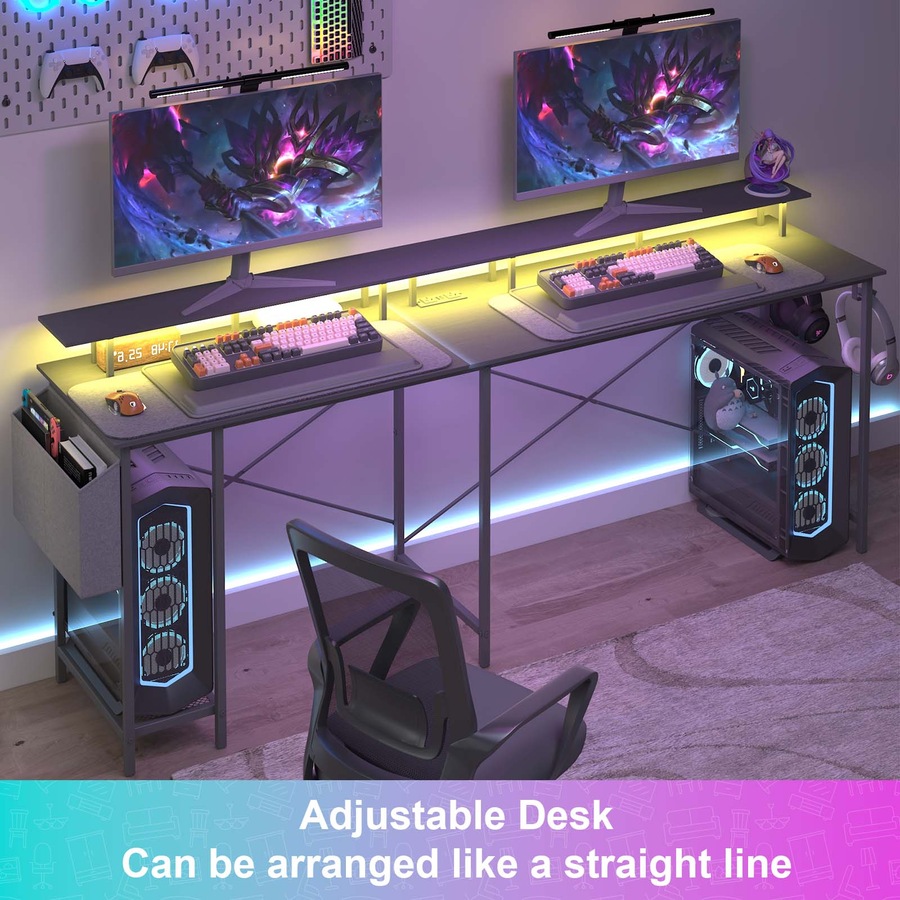 Advwin L Shaped Gaming Desk with LED Lights & Power Outlets Computer Desk with Monitor Stand Corner Desk with Hooks Black
