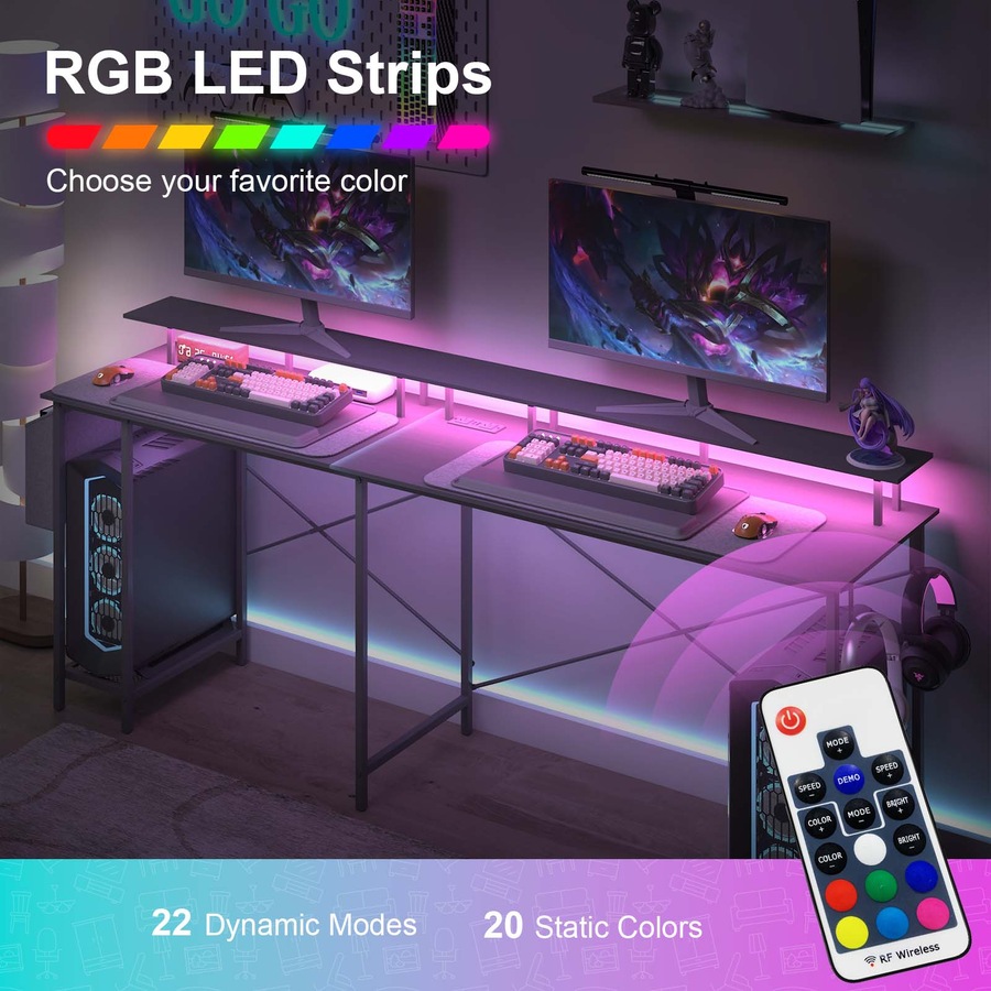 Advwin L Shaped Gaming Desk with LED Lights & Power Outlets Computer Desk with Monitor Stand Corner Desk with Hooks Black