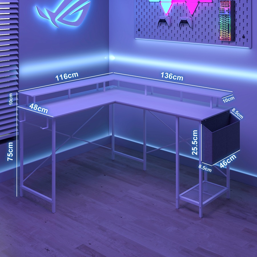 Advwin L Shaped Gaming Desk with LED Lights & Power Outlets Computer Desk with Monitor Stand Corner Desk with Hooks White