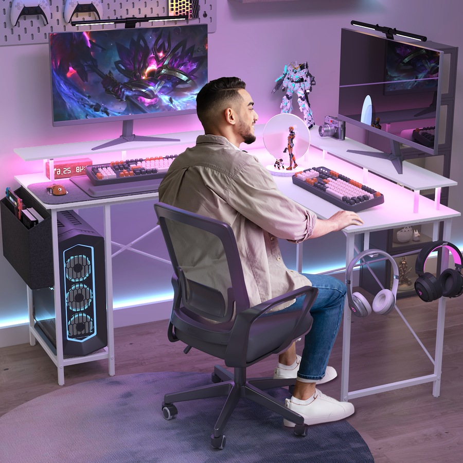 Advwin L Shaped Gaming Desk with LED Lights & Power Outlets Computer Desk with Monitor Stand Corner Desk with Hooks White