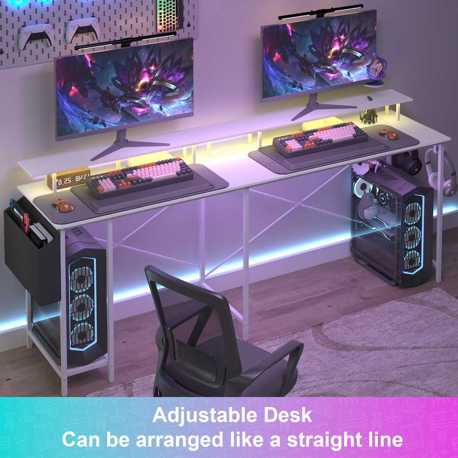 Advwin L Shaped Gaming Desk with LED Lights & Power Outlets Computer Desk with Monitor Stand Corner Desk with Hooks White