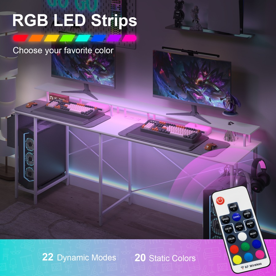 Advwin L Shaped Gaming Desk with LED Lights & Power Outlets Computer Desk with Monitor Stand Corner Desk with Hooks White