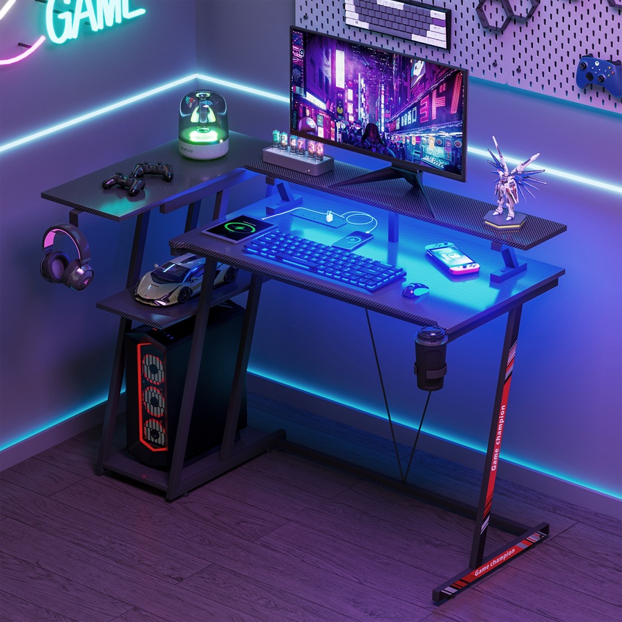 Advwin L Shaped Gaming Desk with LED Lights & Power Outlets Reversible Storage Shelf with Monitor Stand 120cm Computer Desk with Cup Holder & Headphone Hook Black