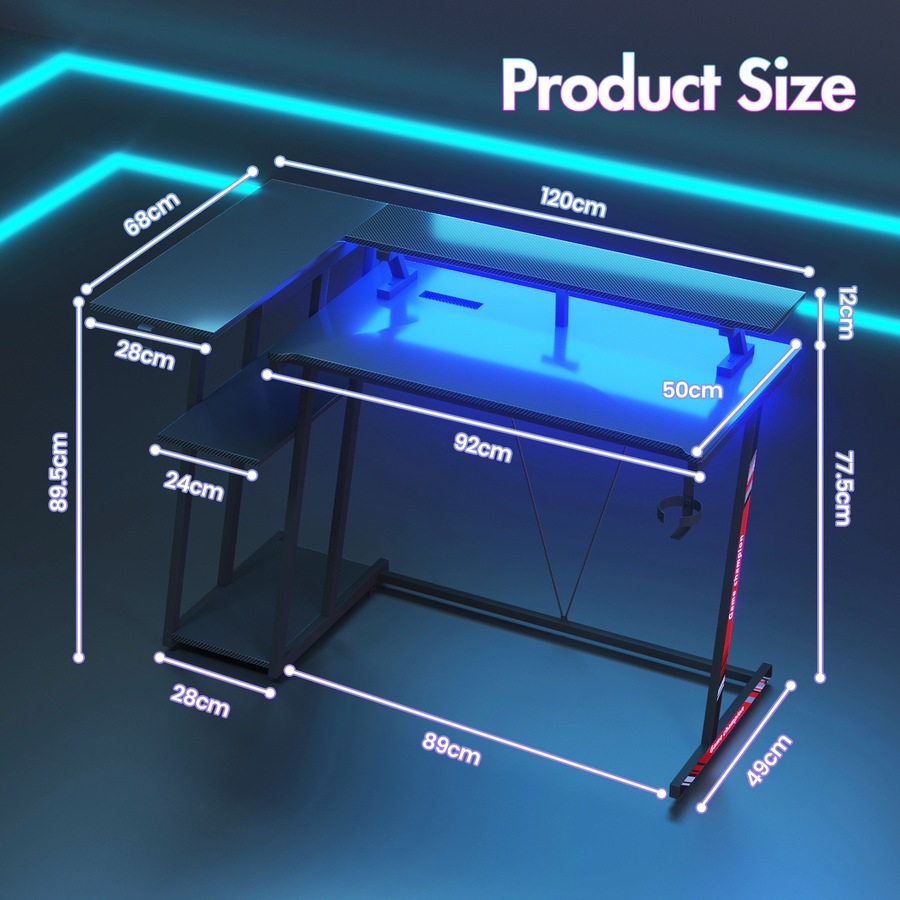 Advwin L Shaped Gaming Desk with LED Lights & Power Outlets Reversible Storage Shelf with Monitor Stand 120cm Computer Desk with Cup Holder & Headphone Hook Black