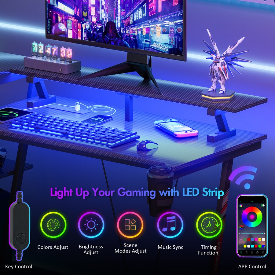 Advwin L Shaped Gaming Desk with LED Lights & Power Outlets Reversible Storage Shelf with Monitor Stand 120cm Computer Desk with Cup Holder & Headphone Hook Black