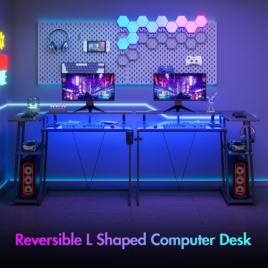 Advwin L Shaped Gaming Desk with LED Lights & Power Outlets Reversible Storage Shelf with Monitor Stand 120cm Computer Desk with Cup Holder & Headphone Hook Black