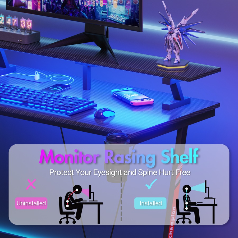 Advwin L Shaped Gaming Desk with LED Lights & Power Outlets Reversible Storage Shelf with Monitor Stand 120cm Computer Desk with Cup Holder & Headphone Hook Black