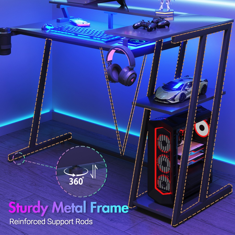 Advwin L Shaped Gaming Desk with LED Lights & Power Outlets Reversible Storage Shelf with Monitor Stand 120cm Computer Desk with Cup Holder & Headphone Hook Black