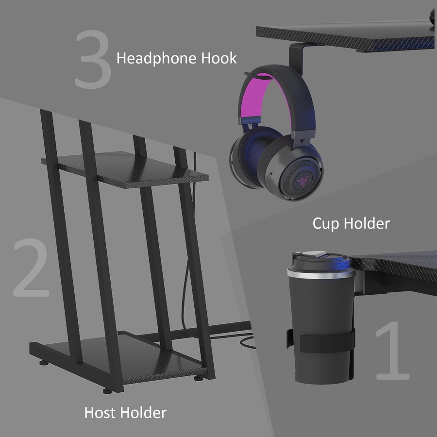 Advwin L Shaped Gaming Desk with LED Lights & Power Outlets Reversible Storage Shelf with Monitor Stand 120cm Computer Desk with Cup Holder & Headphone Hook Black