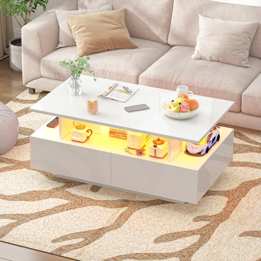 Advwin LED Coffee Table w/ 4 Storage Drawers High Gloss Central Table w/ Open Display Shelf White