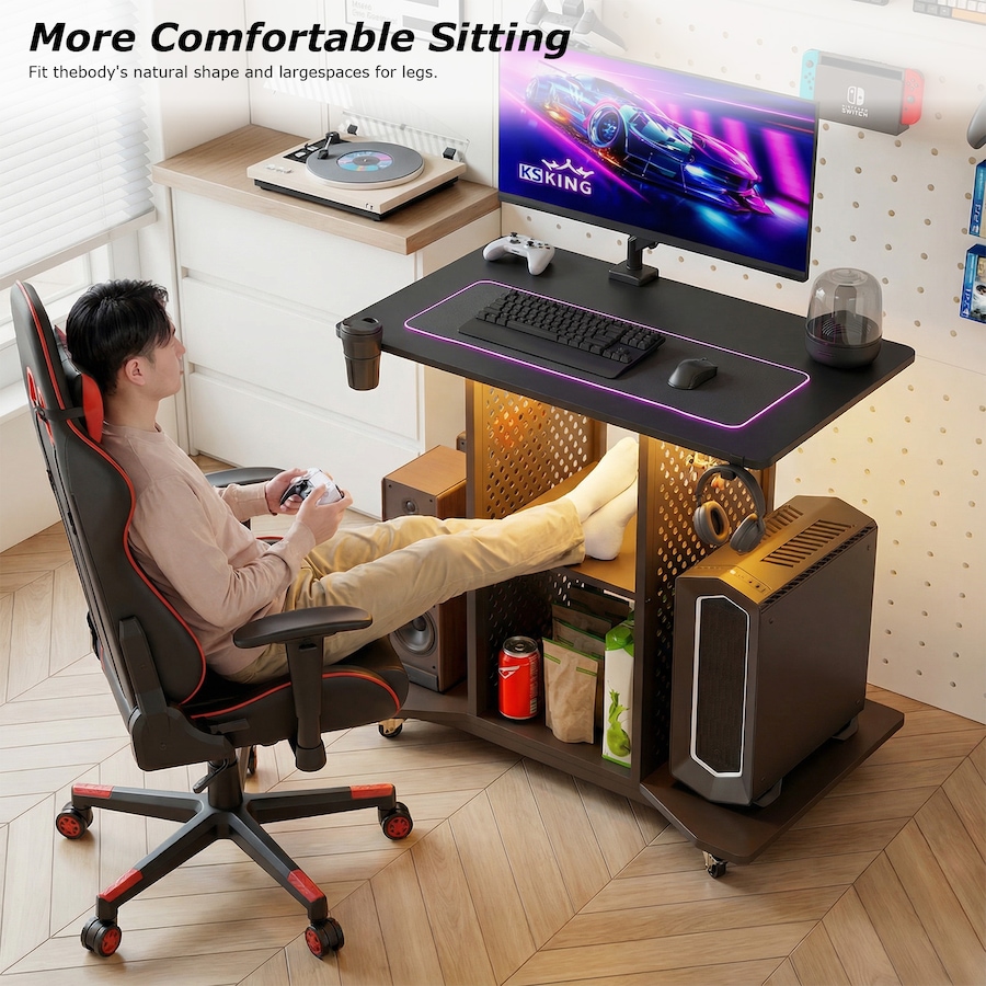 Advwin LED Gaming Desk Black Desk 80cm Computer Desk