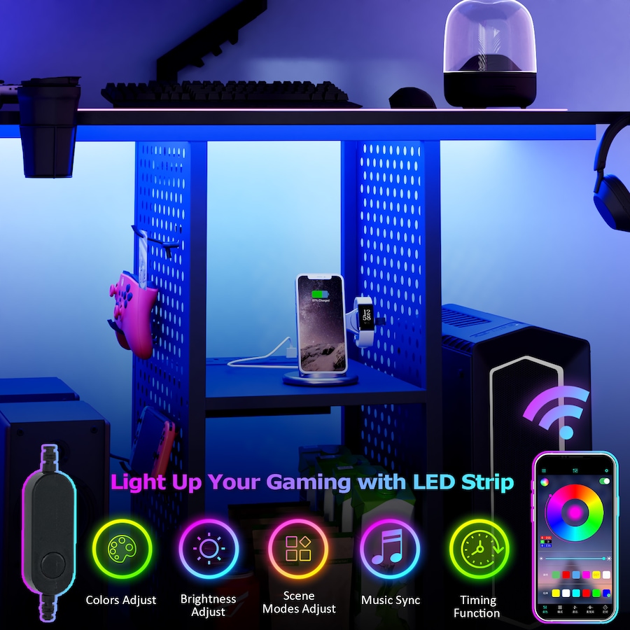 Advwin LED Gaming Desk Black Desk 80cm Computer Desk