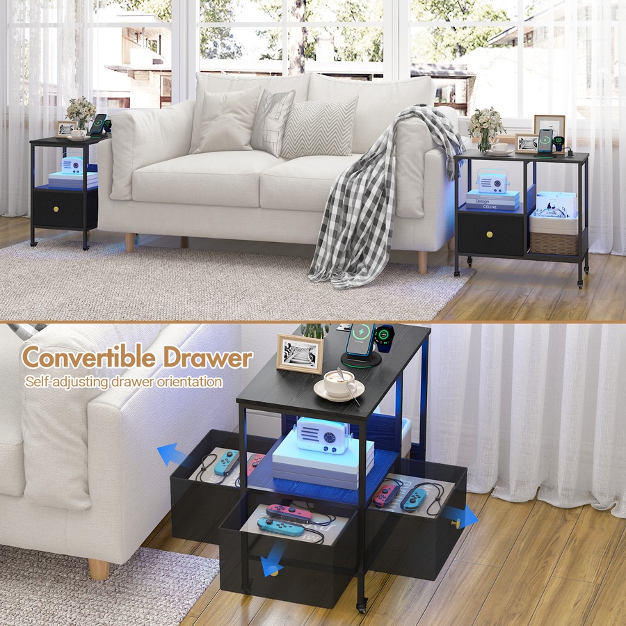 Buy Advwin LED Side Table Sofa End Table w/ Power Outlets & Wheels Slim ...