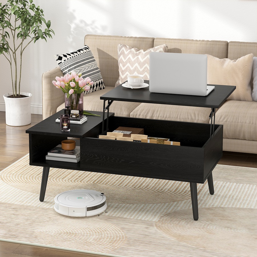Advwin Lift Top Coffee Table Wooden Laptop Desk w/ Hidden Storage & Shelf Black