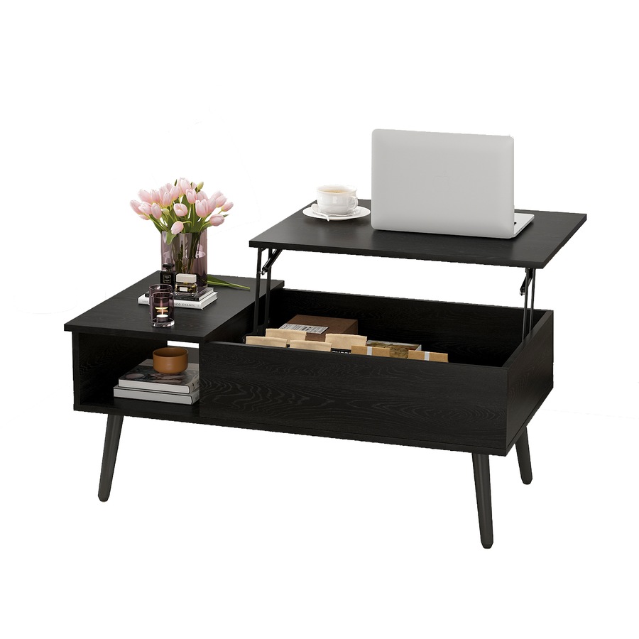 Advwin Lift Top Coffee Table Wooden Laptop Desk w/ Hidden Storage & Shelf Black