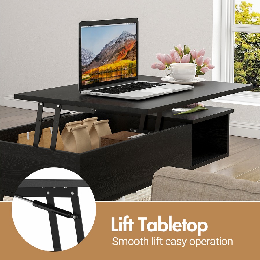 Advwin Lift Top Coffee Table Wooden Laptop Desk w/ Hidden Storage & Shelf Black