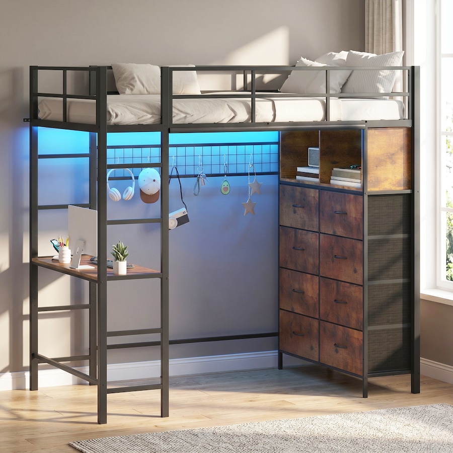 Advwin Loft Bed with Desk & Charging Station LED Bunk Bed with Storage & Double Ladder Single Heavy-Duty Metal Frame Black