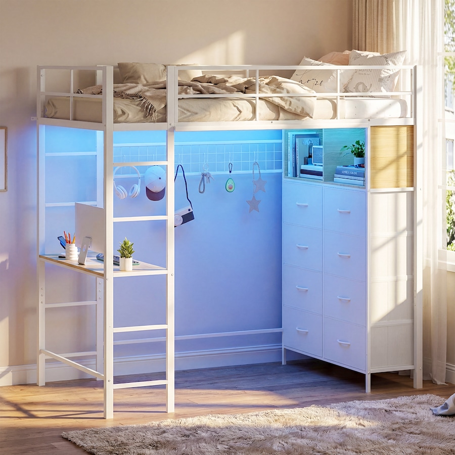 Advwin Loft Bed with Desk & Charging Station LED Bunk Bed with Storage & Double Ladder Single Heavy-Duty Metal Frame White